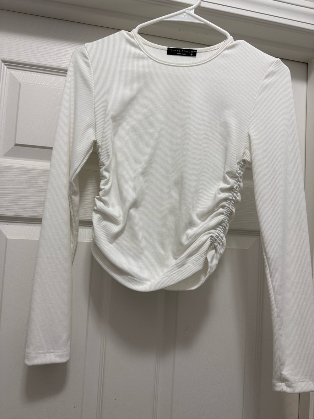 Final Touch White Long Sleeve Side-Ruched Ribbed Tee